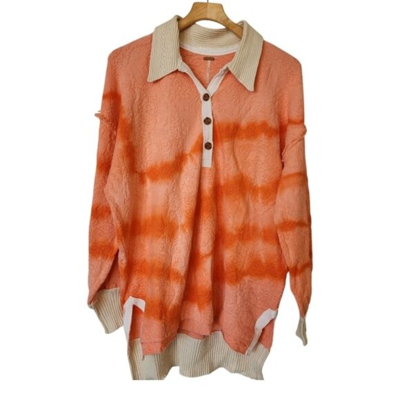 Free People Oversized Orange Peach Polo Sweater Comfy Classic Prep Casual Cute - Picture 2 of 16